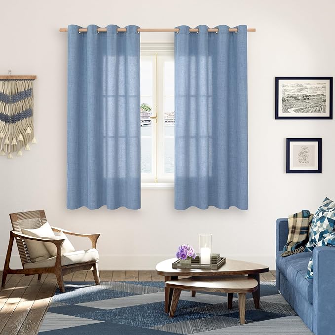 YoungsTex Blue Linen Curtains 63 Inch Length 2 Panels Set- Light Filtering - Image 2