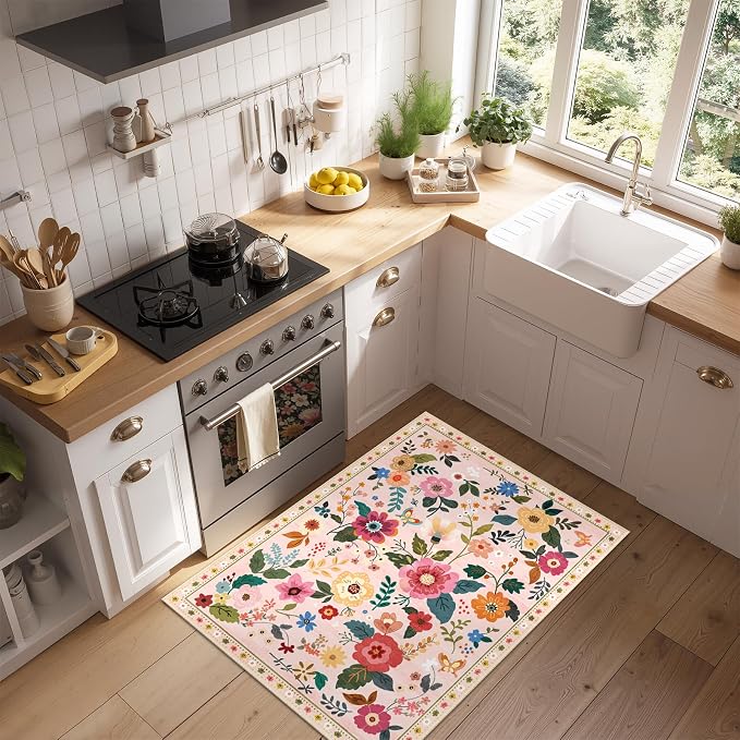RELEANY Floral Washable 2x3 Area Rugs Doormat Pink | Flower Carpet Print Boho - Image 9