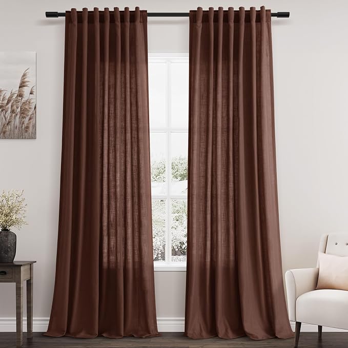 Rustic Brown Linen Curtains 90 Inch Long 2 Panels Set by Nanspring