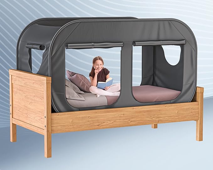 TidyFriend Twin Bed Tent, Pop-Up Privacy Canopy & Tent Beds for Kids and Adults – Cozy, Light Blocking, Breathable Pongee Fabric for Sleep, Play, or Study, Collapsible Design (Black)