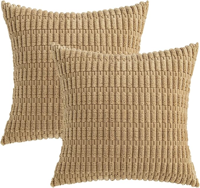 MIULEE Corduroy Decorative Throw Pillow Covers 20x20 Khaki Pack of 2 | Soft - Image 5