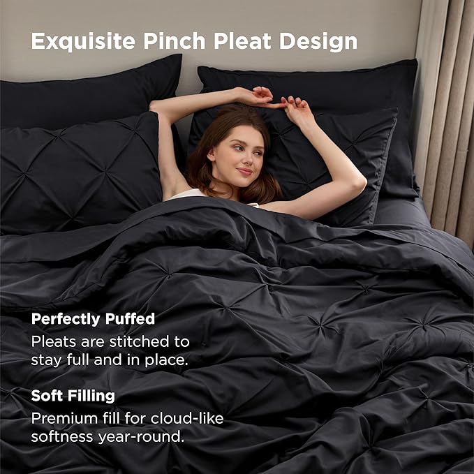 Bedsure Queen Comforter Set Black - Bed in a Bag Queen Size Bedding 7 Pieces, GentleSoft™ Pintuck Bed Set Gift for Family, Pinch Pleat All Season Comforter with Sheets, Pillowcases & Shams
