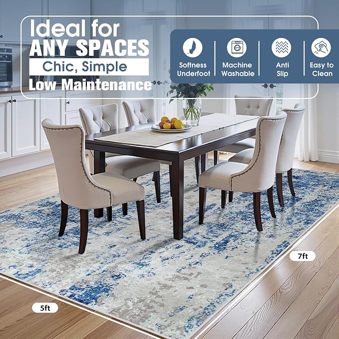 5x7 Area Rugs for Living Room Washable Bedroom Dining Room Blue Grey White | - Image 2
