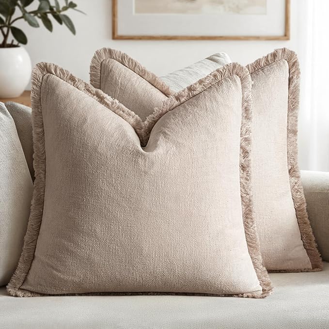 MIULEE Boho Natural Linen Fringe Decorative Throw Pillow Covers 16x16 | Set of 2 by MIULEE