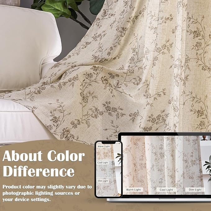 Taupe Vintage Floral Linen Curtains Farmhouse 38W X 84L 2 Panels | Elisa Series - Image 9
