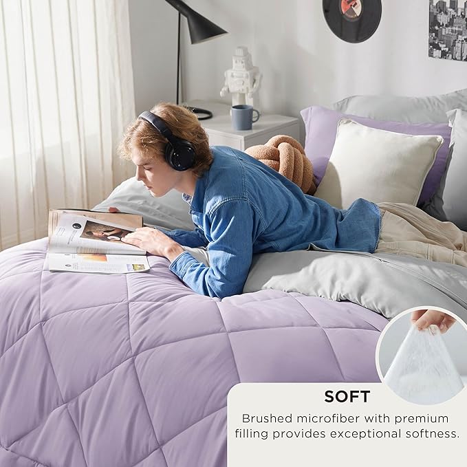 Bedsure Full Size Comforter Set - 7 Pieces Reversible Light Purple Bedding, Full Size Bed Set for All Seasons, Bed in a Bag with Down Alternative Comforter, Sheets, Pillowcases & Shams