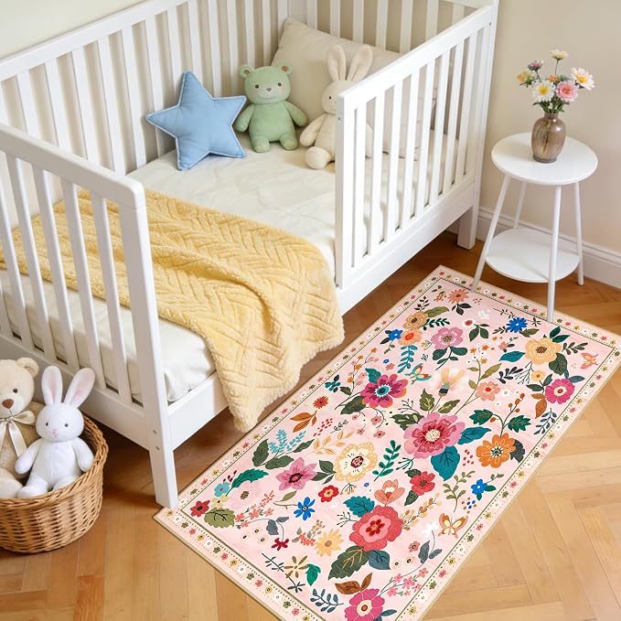 Floral Washable 2x4 Area Rugs Runner Entryway Hallway Pink | Flower Carpet - Image 3