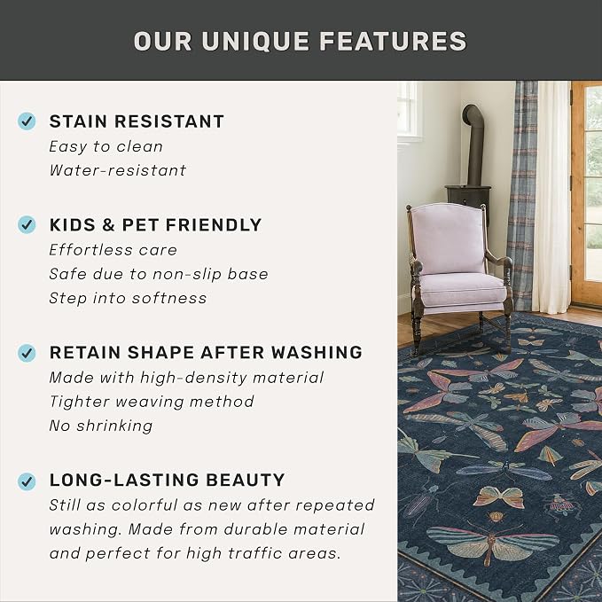 Dark Blue 2x3 Small Rugs for Bathroom Non Slip, Washable Vintage Boho Insect - Image 7