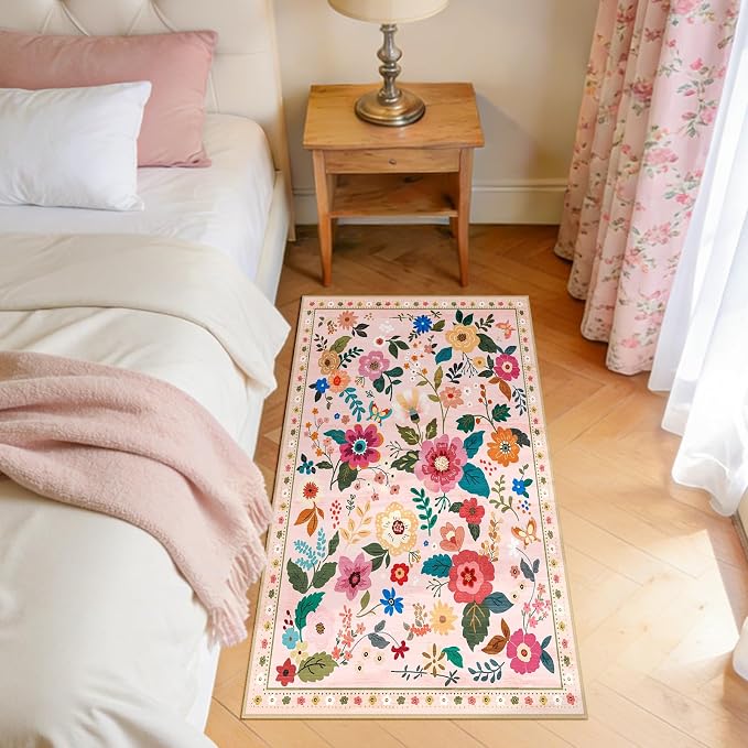Floral Washable 2x4 Area Rugs Runner Entryway Hallway Pink | Flower Carpet - Image 2