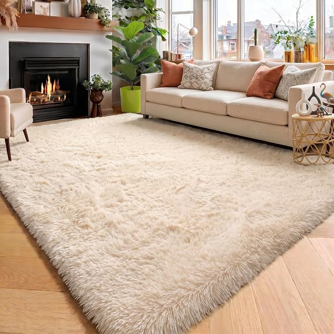 Amdrebio Beige Boho Large Fluffy Shag Area Rug 6x9 - Image 5