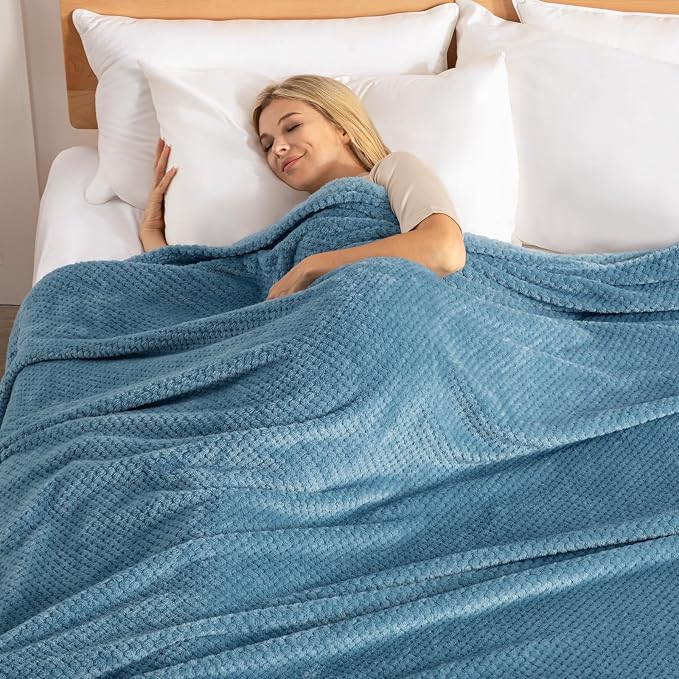 Exclusivo Mezcla Soft Waffle Fleece Bed Blanket Queen Size, Slate Blue | - Image 3