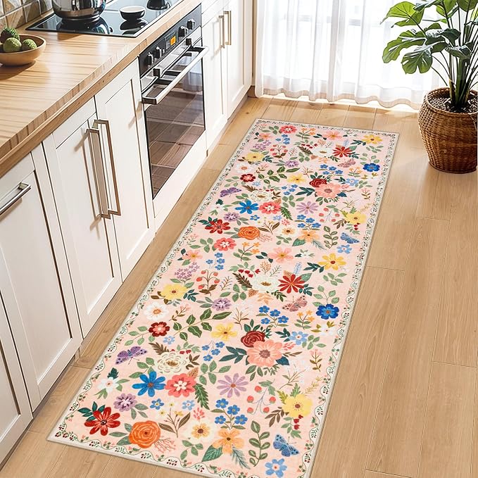 PLHXFR 2x6 Washable Runner Rug：Floral Indoor Kitchen Soft Carpet Beige | - Image 6