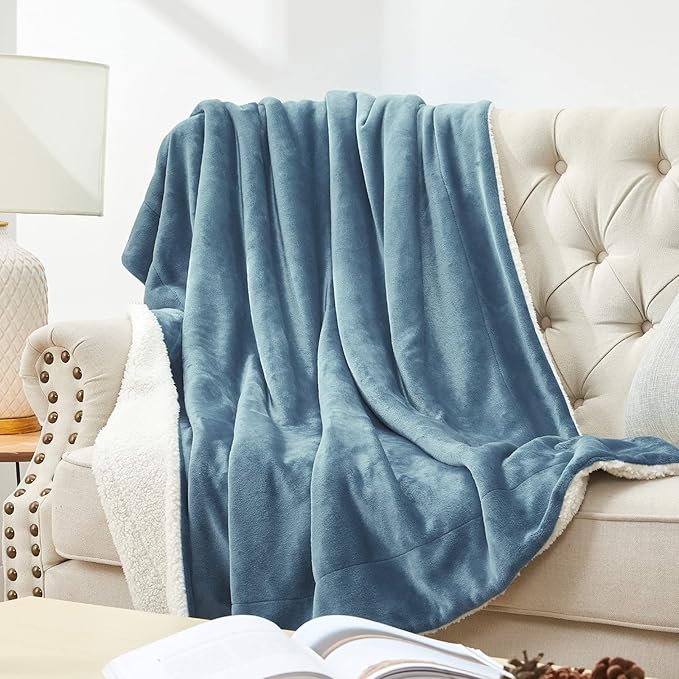 Walensee Sherpa Fleece Blanket (Throw Size 50”x60” Slate Blue) Plush Throw Fuzzy Super Soft Reversible Microfiber Flannel Blankets for Couch, Bed, Sofa Ultra Luxurious Warm and Cozy for All Seasons