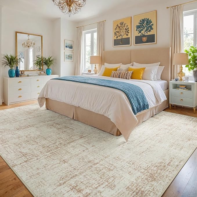 10x12 Area Rug for Living Room Bedroom: Non-Slip Modern Beige White | Machine - Image 2
