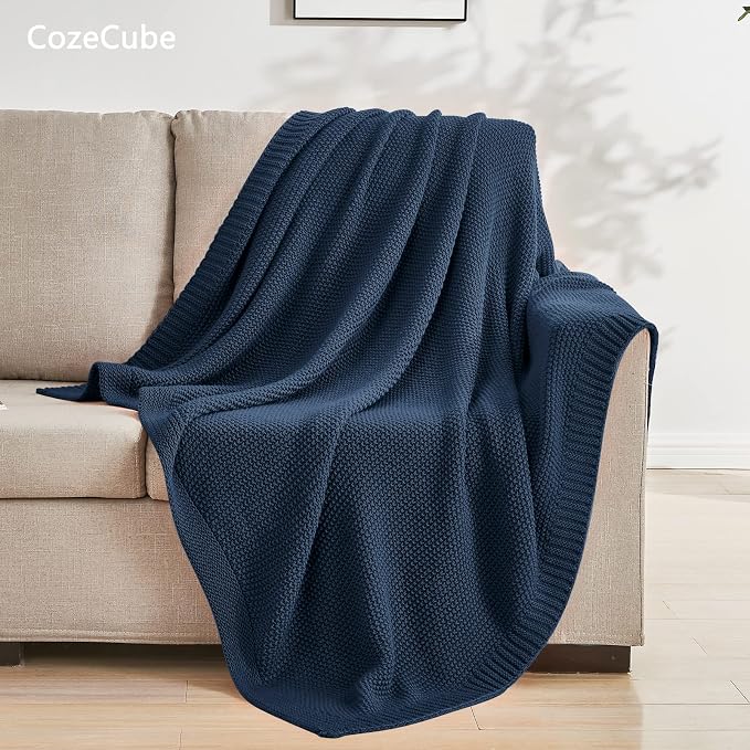 CozeCube Navy Blue Seed Stitch Throw Blanket 60"x80", Farmhouse Decor | Blanket - Image 4