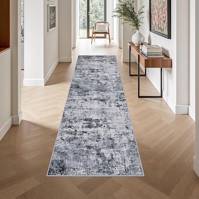 2.6x10 Washable Runner Rug:Modern Abstract Indoor Soft Carpet Grey | - Image 4
