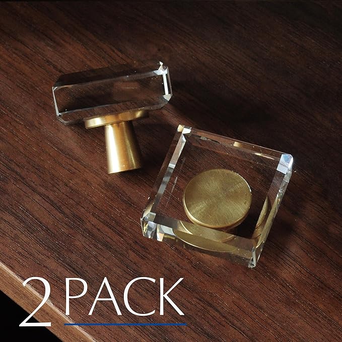 JEREVER 2 Pack Glass Crystal Knobs Brass Drawer Pull Cabinet Handle Gold Furniture Hardware for Dresser Kitchen (Square)