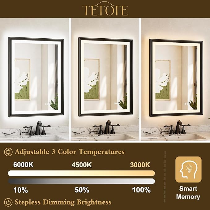 TETOTE LED Mirror for Bathroom Black Metal Frame 40x32 Frontlit & Backlit Lighted Vanity Mirror Baroque Gothic Anti Fog Stepless Dimmable White/Warm/Natural,CRI90+,Waterproof(Horizontal/Vertical)