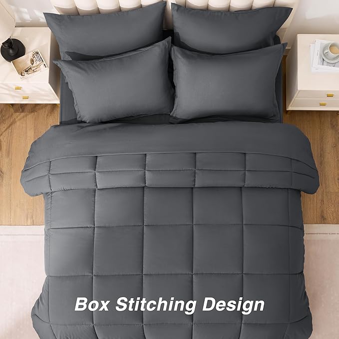Love's cabin King Size Comforter Set Soot Grey, 7 Pieces King Bed in a Bag, All Season Bedding Sets with 1 Comforter, 1 Flat Sheet, 1 Fitted Sheet, 2 Pillowcase and 2 Pillow Sham