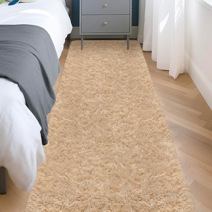 2x8 Bedside Area Rugs for Bedroom Soft Fluffy Shag Beige Rug for Hallway by JiaoBaba