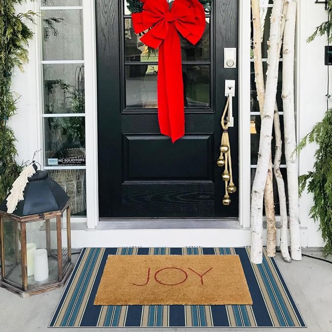Front Door Mat Outside Entrance, 2x3 Navy Blue Coastal Striped Rug | Non-Slip - Image 4