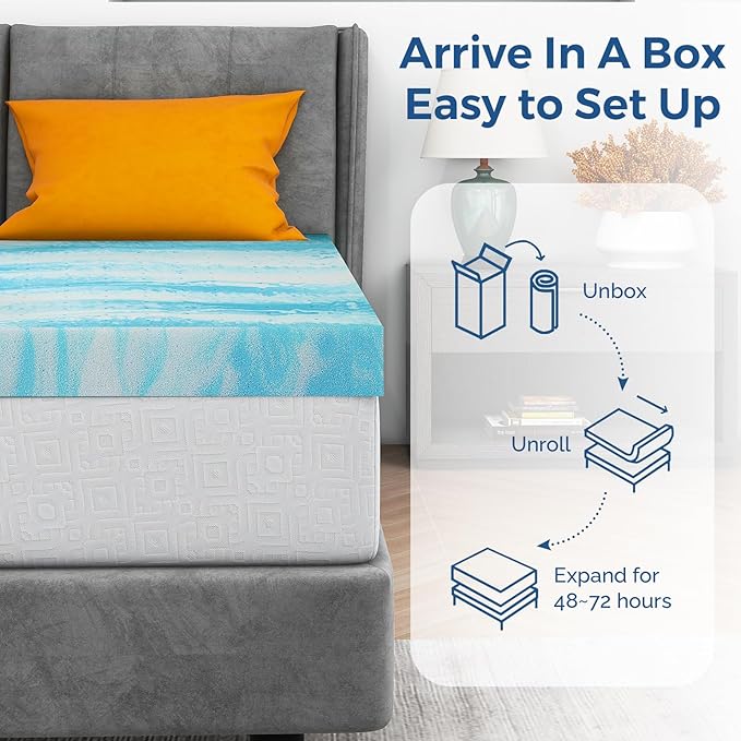 Mattress Topper Twin, 2 Inch Gel Memory Foam Bed Topper for Twin Size Bed, CertiPUR-US Certified, Blue