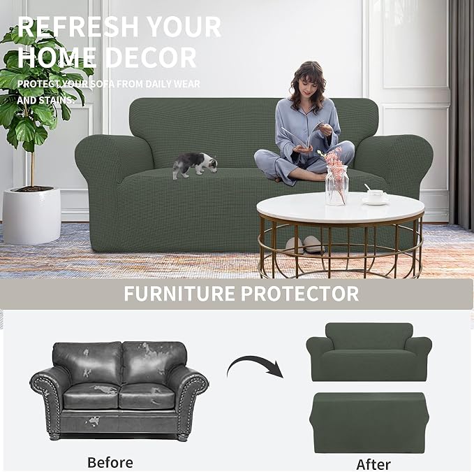 Easy-Going Stretch Oversized Loveseat Couch Covers Washable Olive Green | - Image 4