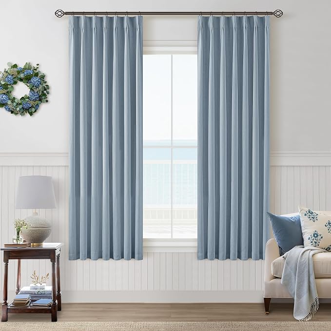 Dusty Blue 100% Black Out Pinch Pleated Linen 63 Inch Curtains - Image 9