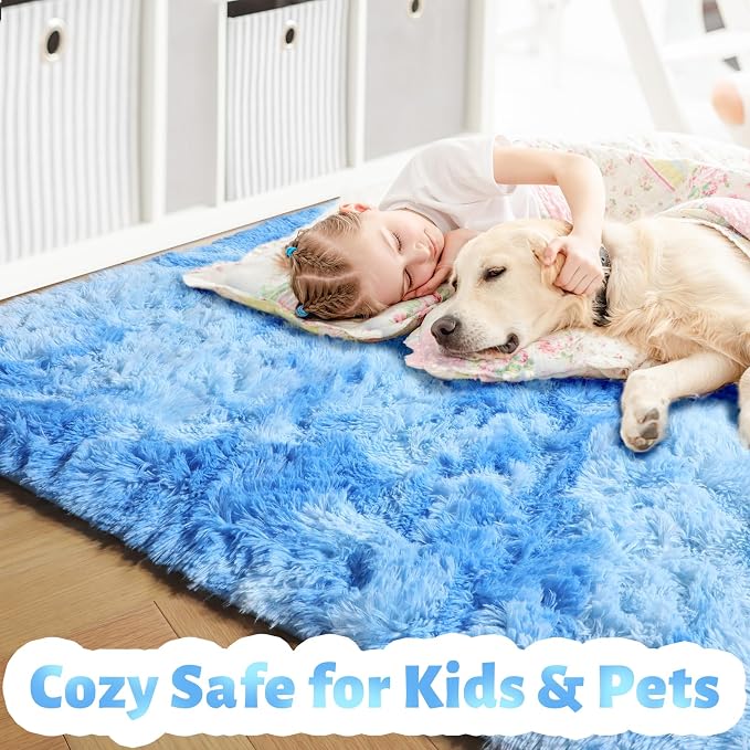 Amdrebio Tie-Dyed Light Blue Shaggy Kids Area Rug 4x6 - Image 2