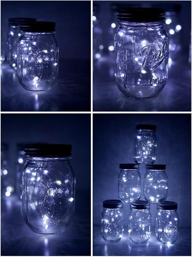 Decorman Solar Mason Jar Lid Lights, 6 Pack 10 LED Waterproof String Fairy Star Firefly Jar Lids Lights for Patio Garden Yard Lawn Party Wedding Christmas Decoration(Jars & Hangers Not Included)