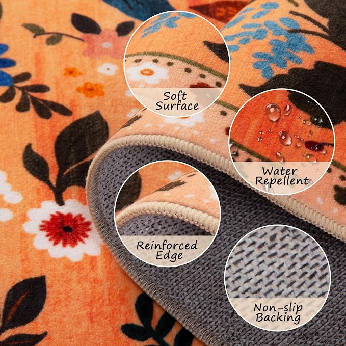 RELEANY Floral Washable Round 4ft Area Rug Yellow/Orange/Red | Flower Carpet - Image 4