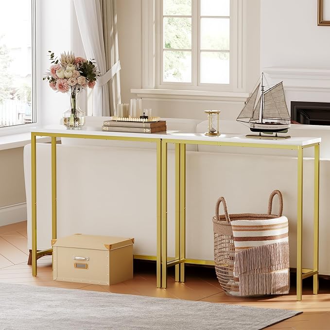 HOOBRO Narrow Console Table, 29.5" Small Entryway Table, Thin Sofa Table, Side Table, Display Table, for Hallway, Bedroom, Living Room, Foyer, White and Gold DW75XG01
