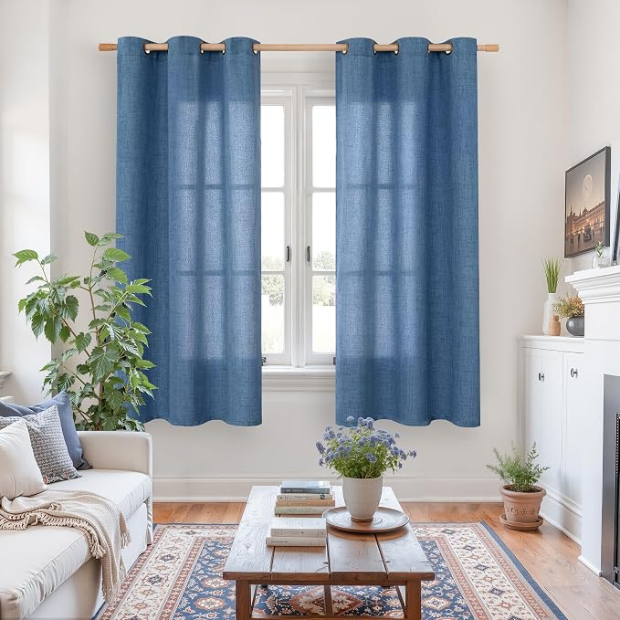 YoungsTex Navy Blue Linen Curtains 48 Inch Length, Short Light Filtering Semi - Image 2