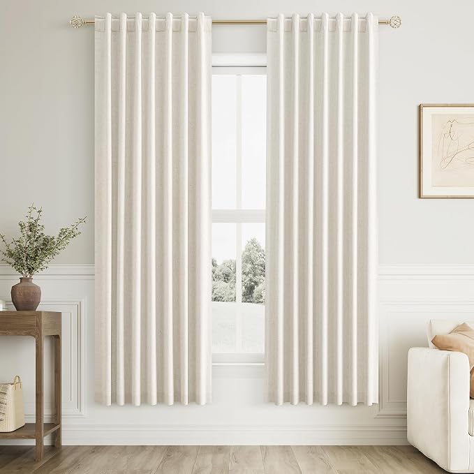 100% Blackout Linen Curtains for Bedroom 70 Inches Long Natural Cream Black Out by Guken