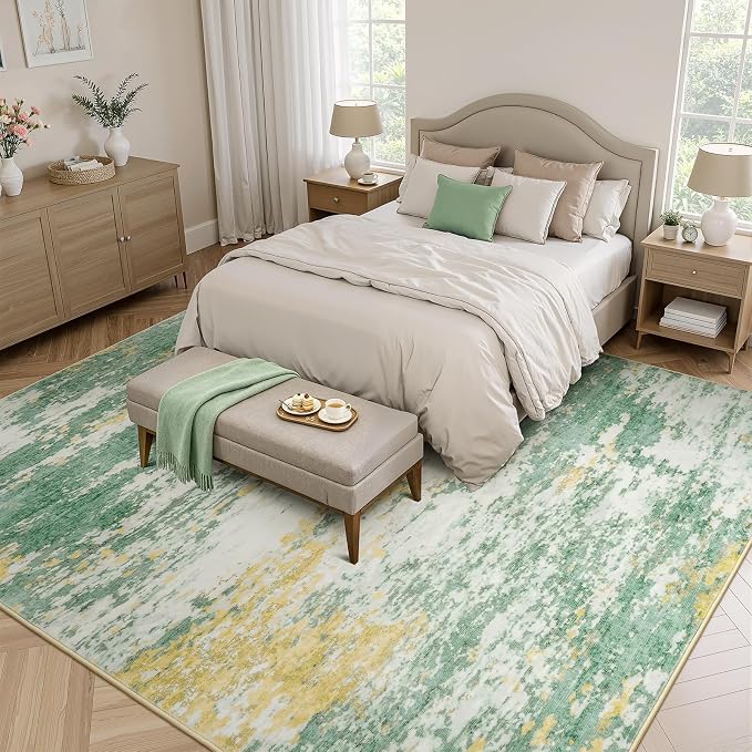 9x12 Area Rug for Living Room, Abstract Washable Large Rugs, Light Green | Soft - Image 2