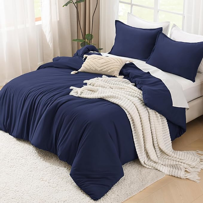 Litanika Comforters Navy Blue Oversized King Size, 3 Pieces Lightweight Solid Bedding Set & Collections, All Season Fluffy Bed Set (120x98In Comforter & 2 Pillowcases)