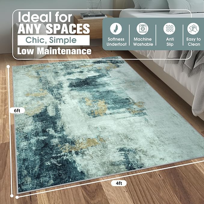 4x6 Area Rugs for Living Room Washable Bedroom Dining Room Teal Grey Gold | - Image 2