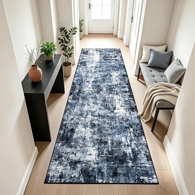 Rugflix 3x8 Runner Rug for Hallway, Washable Navy Blue Long Runners | Machine by RugflixAreaRugs