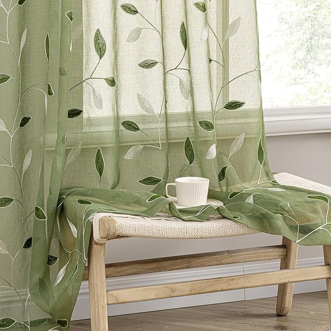 MIULEE Sage Green Sheer Curtains 2 Panels Leaf Patterned, W52 x L54 | by MIULEE