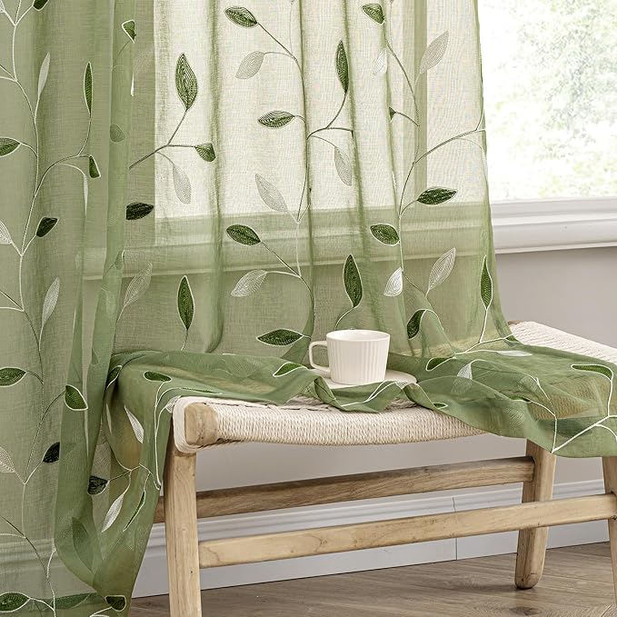 MIULEE Sage Green Sheer Curtains 2 Panels Leaf Patterned, W52 x L84 | by MIULEE