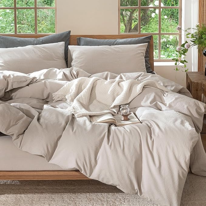 MooMee Bedding Duvet Cover Set 100% Washed Cotton Linen Like Textured Breathable Durable Soft Comfy (Solid Light Tan, Super King 108"x98")