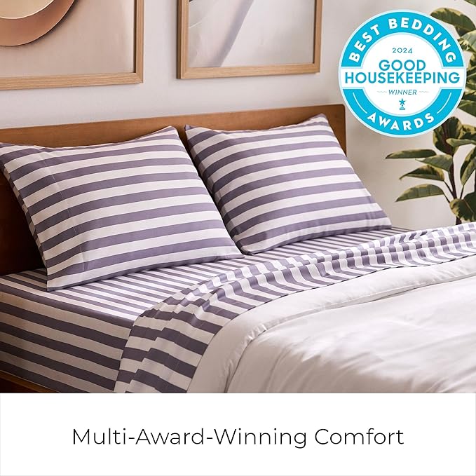 Mellanni King Sheets Set - 4 PC Iconic Collection Bedding - Hotel Luxury, Extra Soft, Cooling Bed Sheets - Wrinkle, Fade, Stain Resistant (King, Oxford Stripe Hazy Lilac)