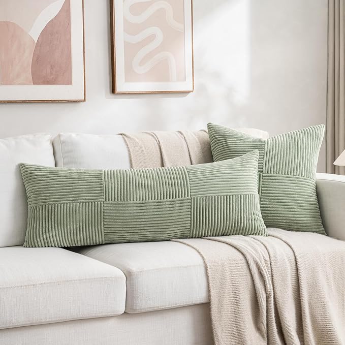 Fancy Homi Set of 2 Sage Green Boho Long Lumbar Body Decorative Throw Pillow - Image 5