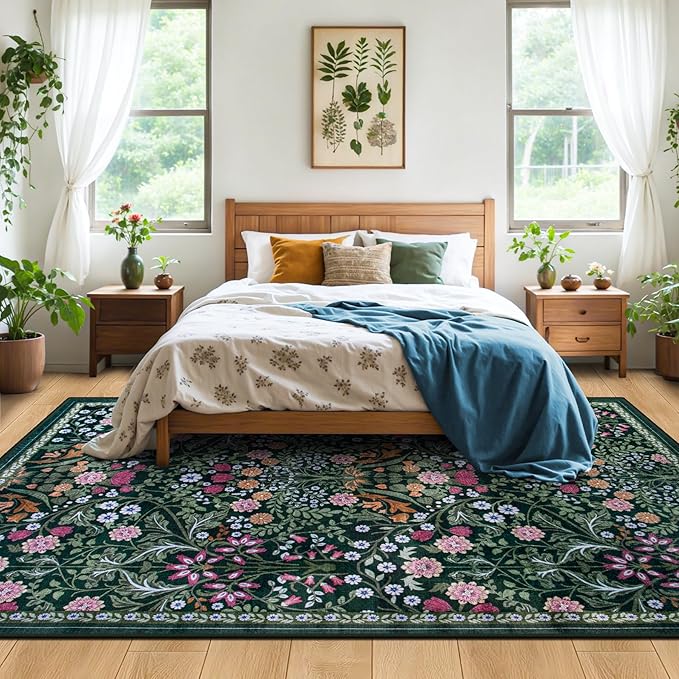 PLHXFR Area Rug Living Room: 5x7 Floral Washable Boho Carpet Dark Green | - Image 3