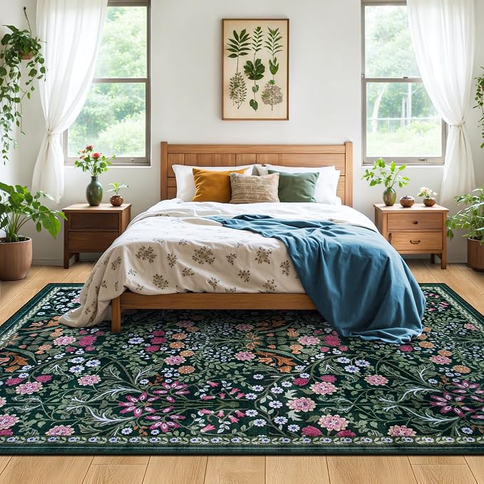 PLHXFR Area Rug 10x12 Living Room: Floral Washable Boho Carpet Dark Green | - Image 3