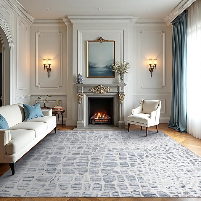 8x10 Washable Area Rugs for Living Room, Dining Room- White Blue | Ultra Soft - Image 7