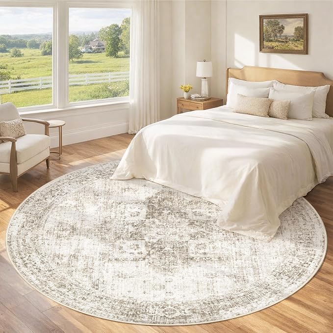 Round Rugs 6ft Washable Rug, Vintage Boho Medallion Rugs Non-Slip Soft Low Pile - Image 3