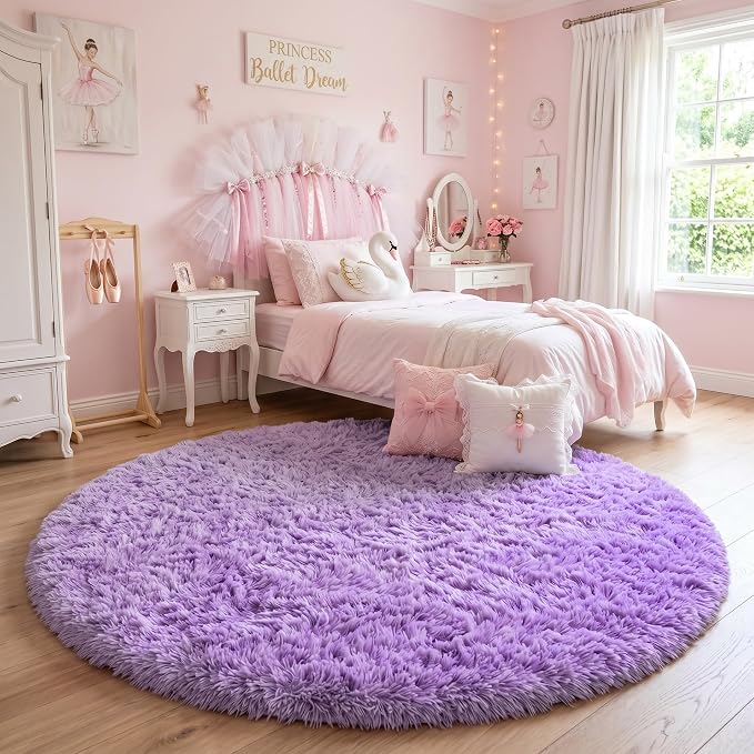Amdrebio Purple Furry Big Round Kids Rug 6Ft - Image 3