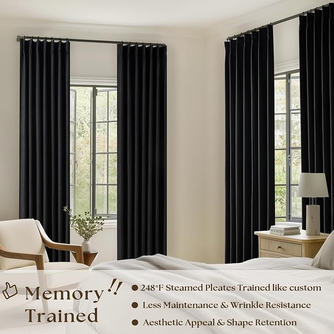 Black Pinch Pleated Black Out Linen 45 Inch Curtains - Image 2