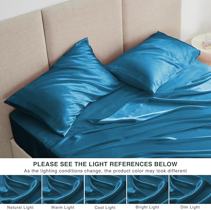 Love's cabin Satin King Sheet Sets - 4 Piece Teal Silky Sheets King Size Bed Set with Deep Pocket, Luxury Silk Feel King Size Satin Sheet Set (1 Flat Sheet,1 Fitted Sheet,2 Pillow Cases)